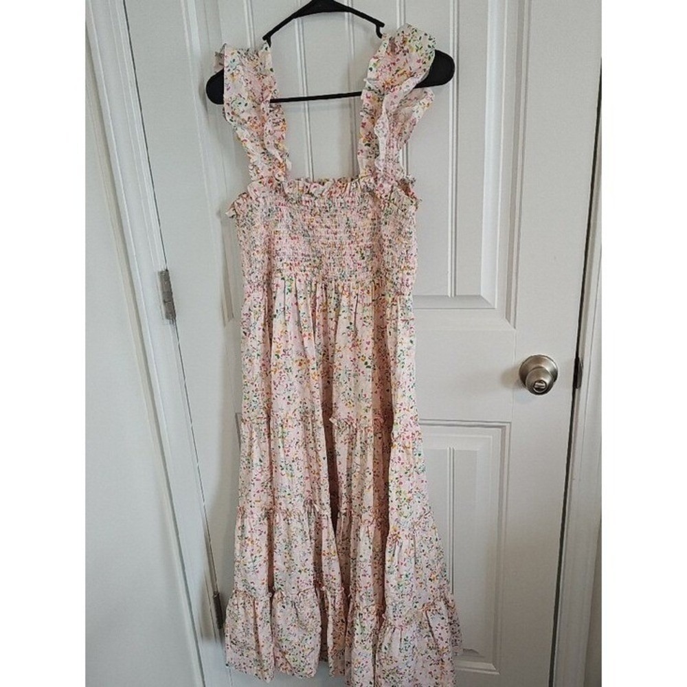 Women Pink Floral Heart Smocked Tiered Ruffle Maxi Sun Dress Medium Beach